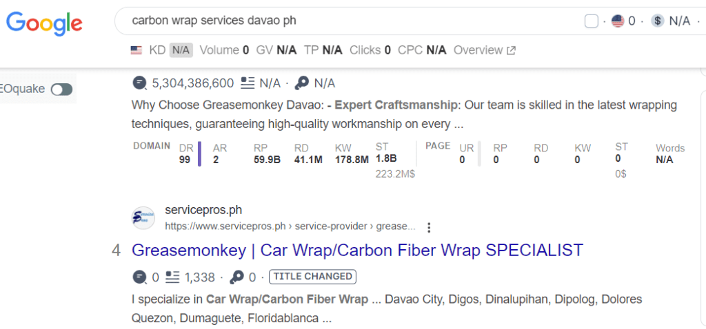 Service provider indexed on Google
